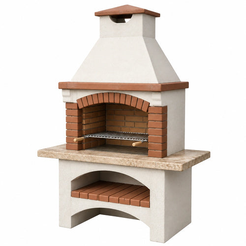 Barbecue de jardin Dorqelvo en pierre beige et brique terre cuite, 120x70x220 cm, avec grille réglable pour cuisson.
