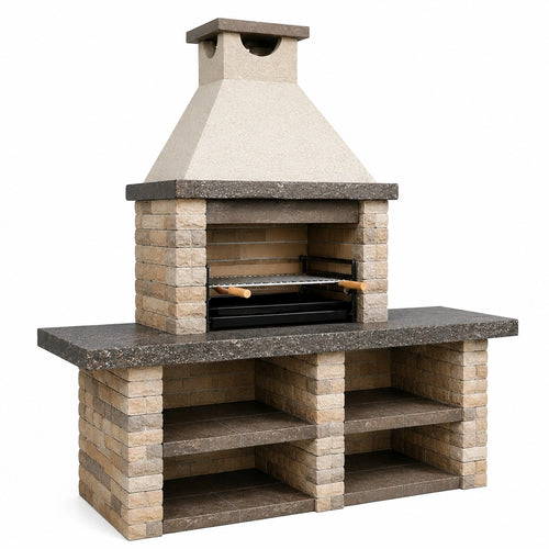 Barbecue de jardin en pierre beige Dorqelvo, 150x70x220 cm avec grill réglable, style rustique, pour extérieur.