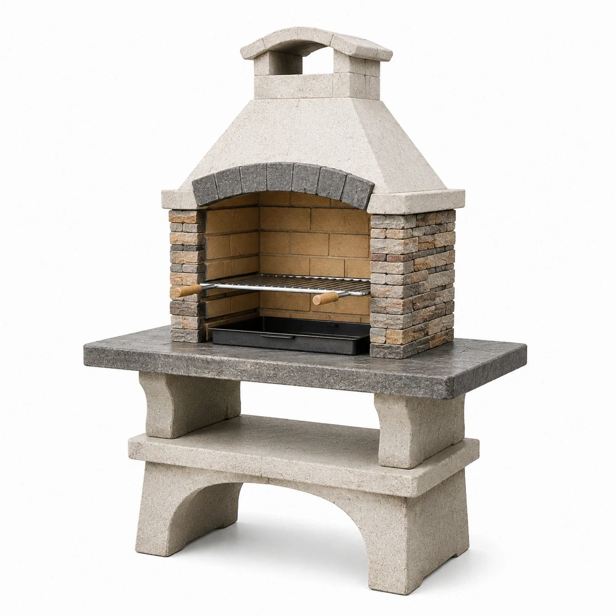 Barbecue de jardin en pierre beige et gris Dorqelvo avec cheminée et grille, dimensions 120x70x210 cm, idéal pour l'extérieur