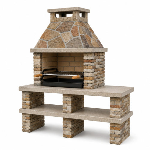 Barbecue de jardin en pierre beige rustique Dorqelvo, 120x70x210 cm avec hotte pour griller en extérieur.