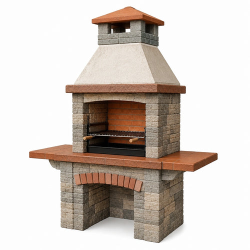 Barbecue de jardin en pierre et brique gris terre cuite Dorqelvo, style rustique, dimensions 150x100x220 cm, pour cuisine extérieure.