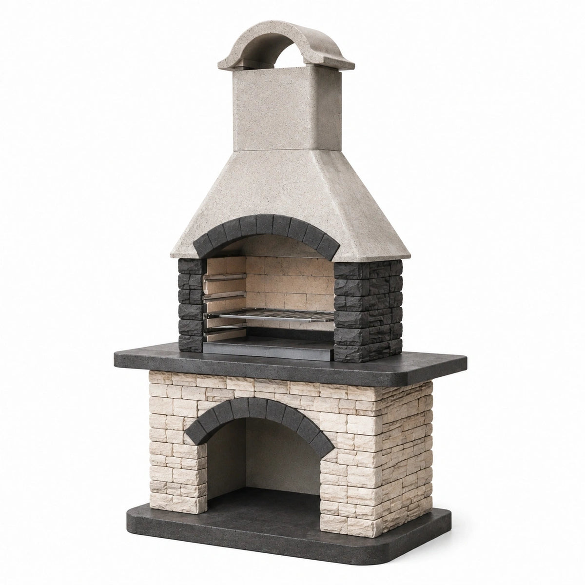 Barbecue extérieur Dorqelvo en pierre et brique beige anthracite, 120x80x230 cm, style rustique avec foyer à grille