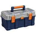 Boîte à outils Dorqelvo en plastique bleu marine, gris et orange, avec organisateurs transparents et poignée de transport.