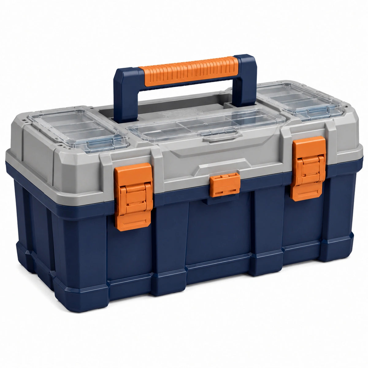 Boîte à outils Dorqelvo en plastique bleu marine, gris et orange, avec organisateurs transparents et poignée de transport.