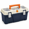 Boîte à outils Dorqelvo en plastique bleu marine et beige avec compartiments transparents pour rangement.