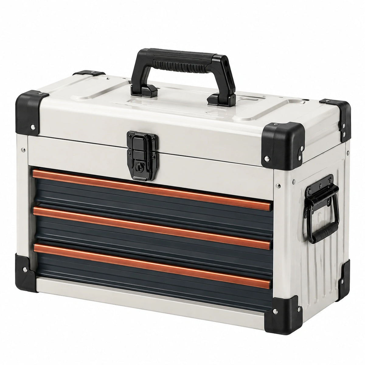 Boîte à outils Dorqelvo en métal blanc noir cuivre, coffre portable 51 cm avec 4 tiroirs pour rangement pratique.