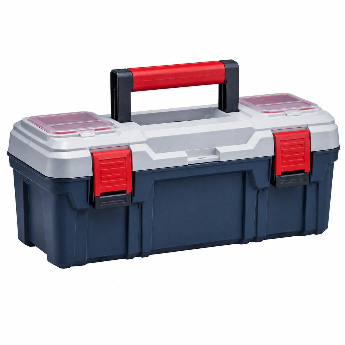 Boîte à outils Dorqelvo en plastique bleu gris rouge avec poignée et compartiments, dimensions 50x25x24 cm.