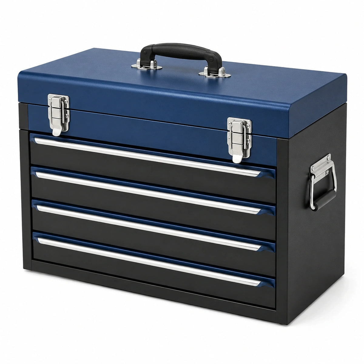 Boîte à outils Dorqelvo en acier bleu noir, coffre portable avec 4 tiroirs, dimensions 60x35x45 cm, pour rangement pratique