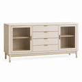 Buffet blanc en bois Dorqelvo, 160x40x85 cm, portes vitrées et tiroirs, style contemporain, meuble de salon élégant.