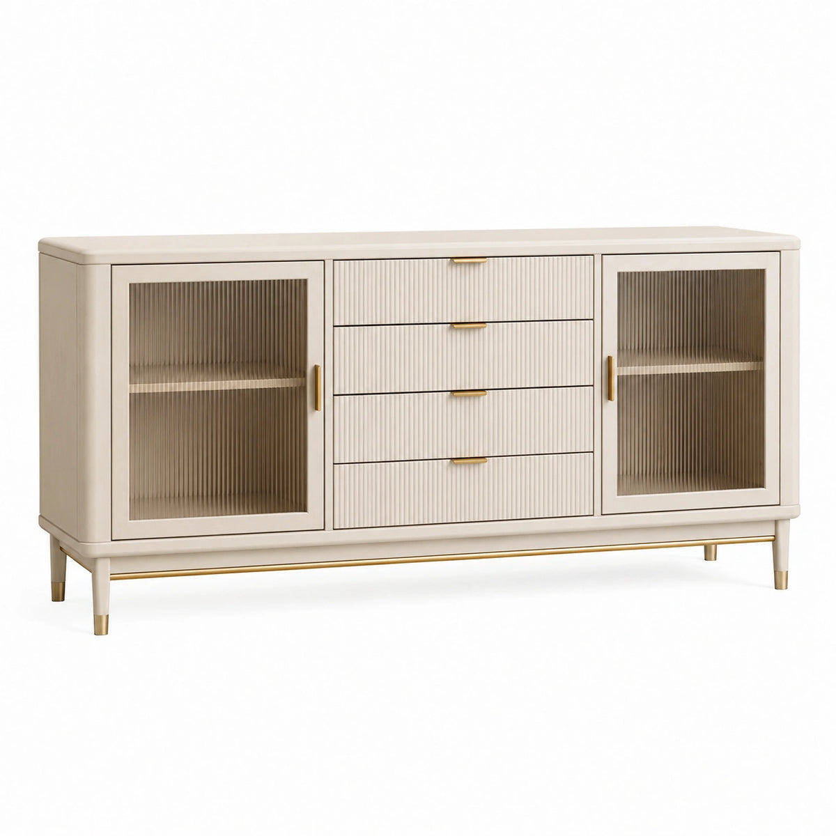 Buffet blanc en bois Dorqelvo, 160x40x85 cm, portes vitrées et tiroirs, style contemporain, meuble de salon élégant.