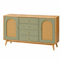 Buffet en bois vert avec cannage, dimensions 160x40x85 cm, meuble de rangement vintage de la marque Dorqelvo.