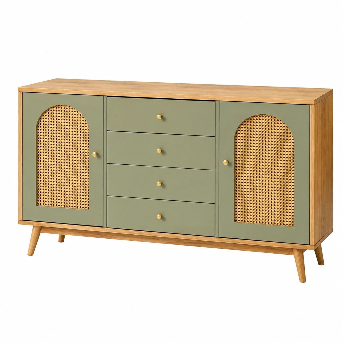 Buffet en bois vert avec cannage, dimensions 160x40x85 cm, meuble de rangement vintage de la marque Dorqelvo.