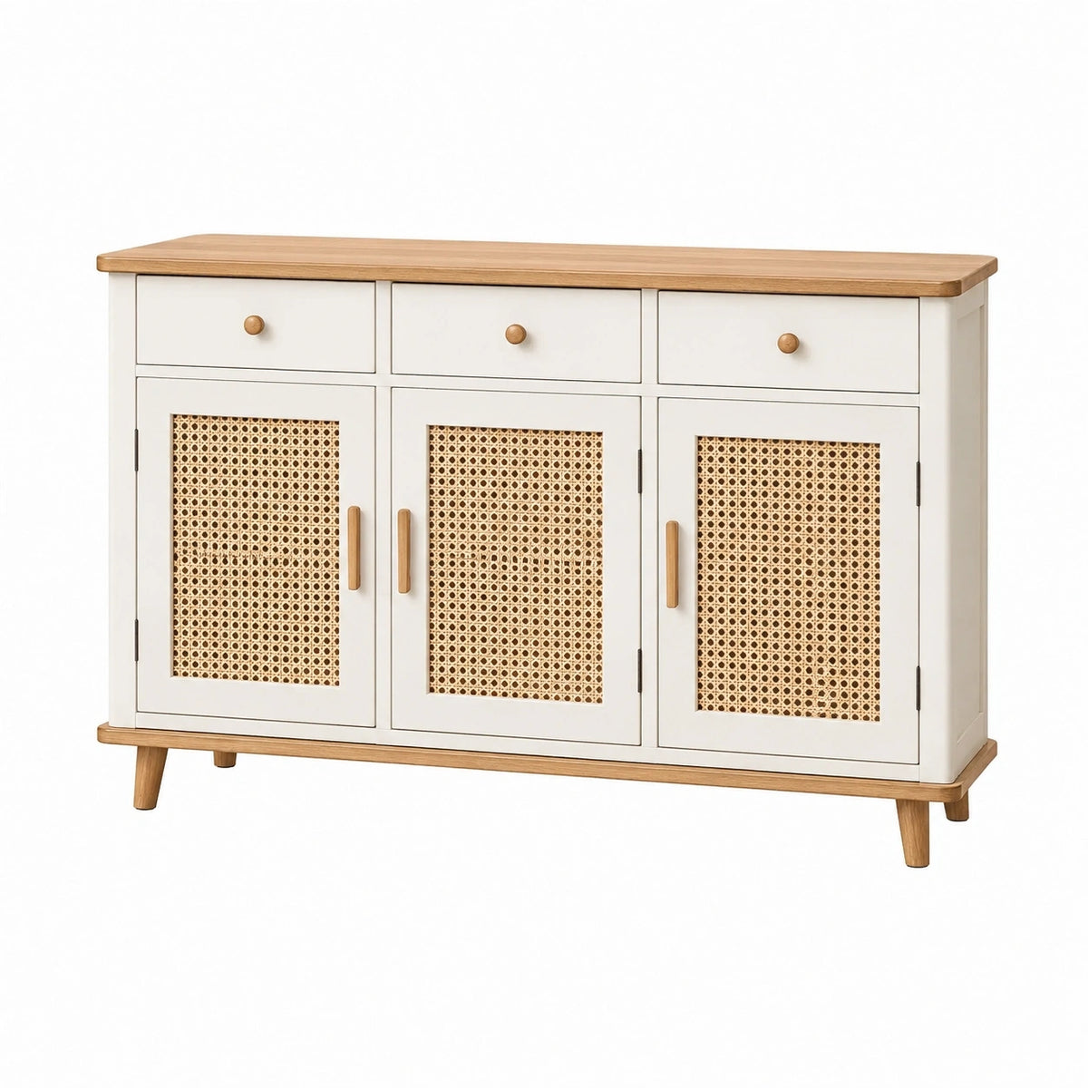 Buffet en bois blanc et naturel avec cannage, style scandinave, dimensions 150x40x85 cm, de la marque Dorqelvo.