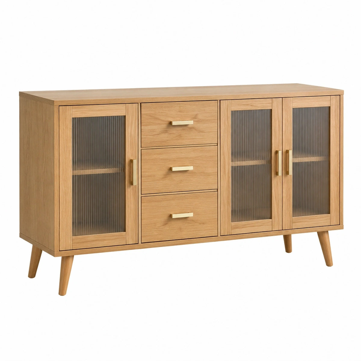 Buffet en bois clair Dorqelvo de 160 cm avec verre strié et espace de rangement, style scandinave, dans une salle à manger moderne
