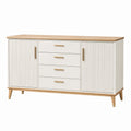 Buffet en bois blanc et naturel Dorqelvo, 160x40x85 cm, style scandinave avec 4 tiroirs pour rangement élégant.