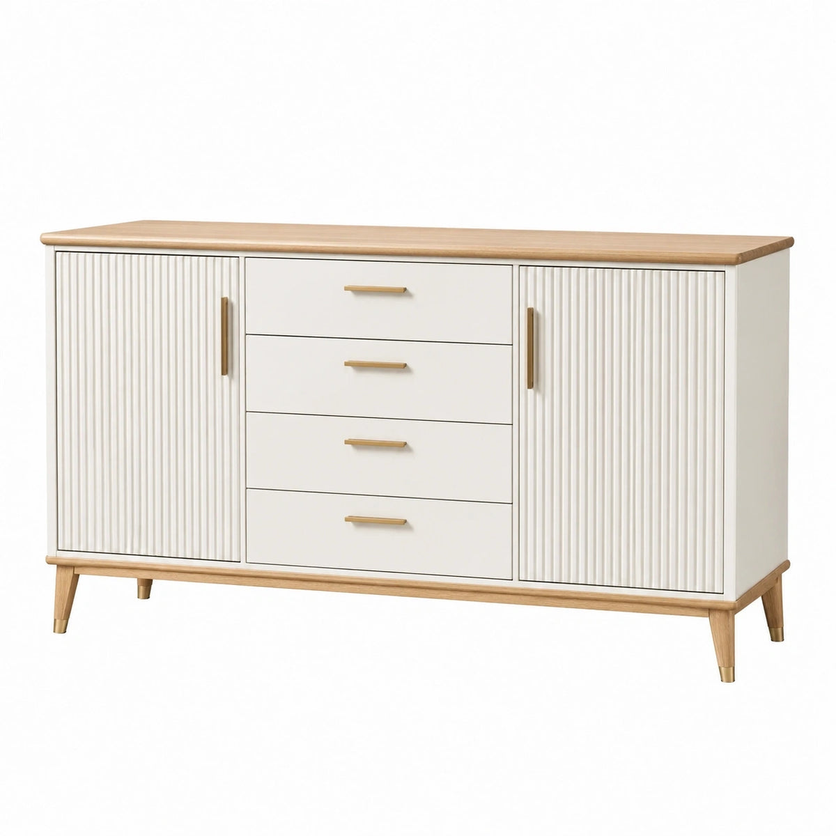 Buffet en bois blanc et naturel Dorqelvo, 160x40x85 cm, style scandinave avec 4 tiroirs pour rangement élégant.