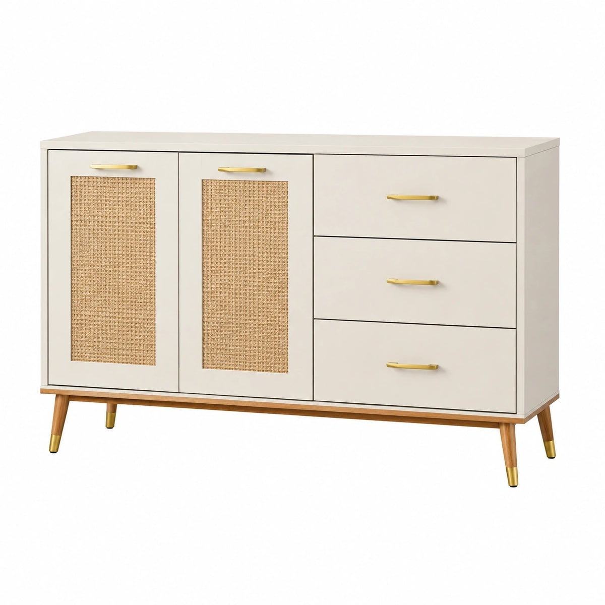 Buffet en bois crème et cannage Dorqelvo, dimensions 140x40x85 cm, avec trois tiroirs de rangement et design élégant.