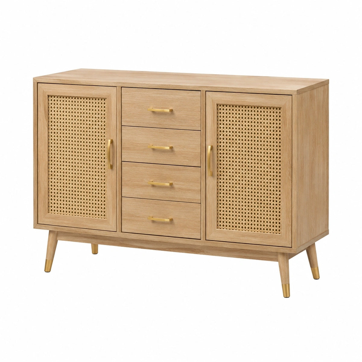 Buffet de rangement Dorqelvo en bois naturel et cannage, 140x40x85 cm, avec 4 tiroirs style bohème.