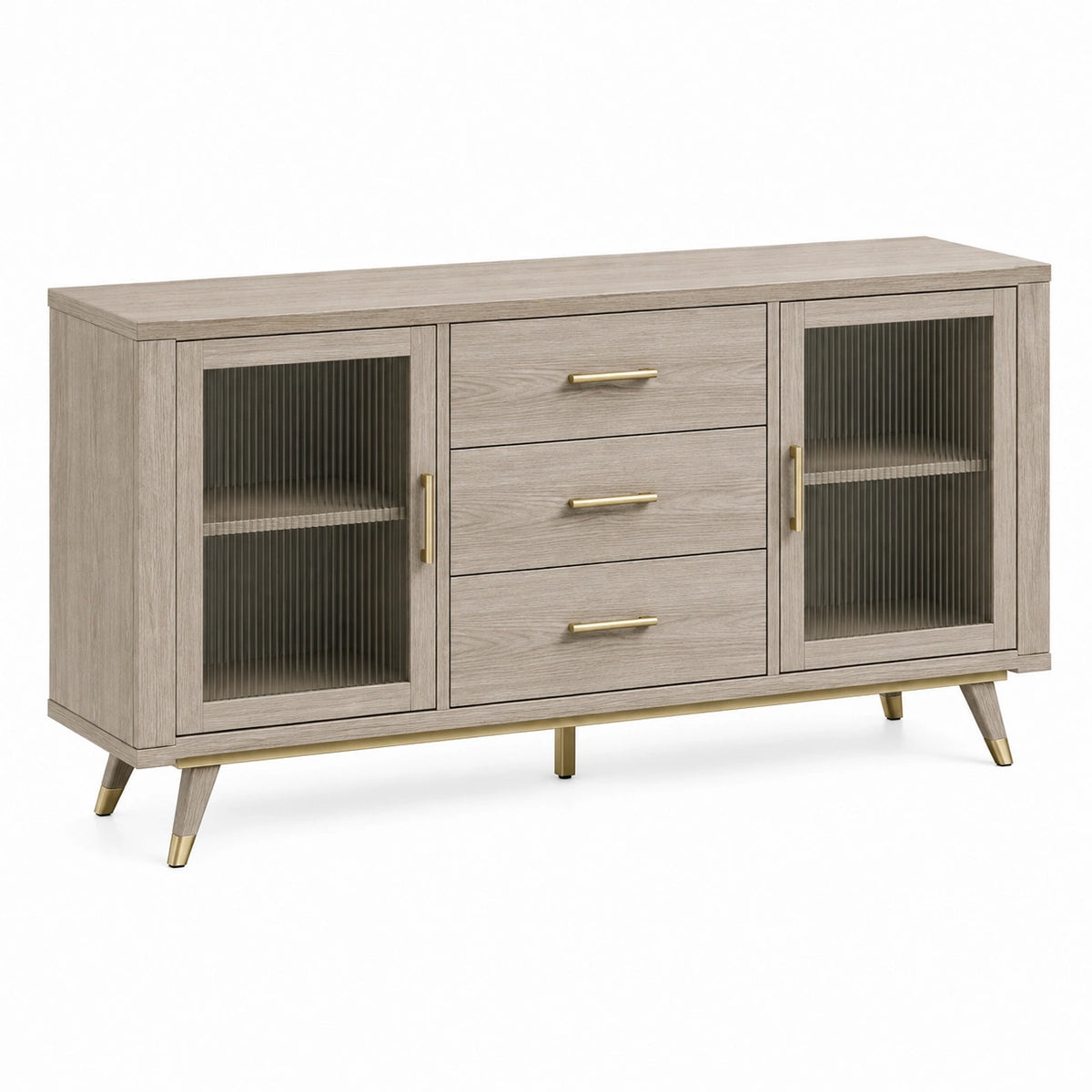 Buffet en bois de chêne clair avec portes en verre strié, style contemporain, dimensions 160x40x85 cm, par Dorqelvo.