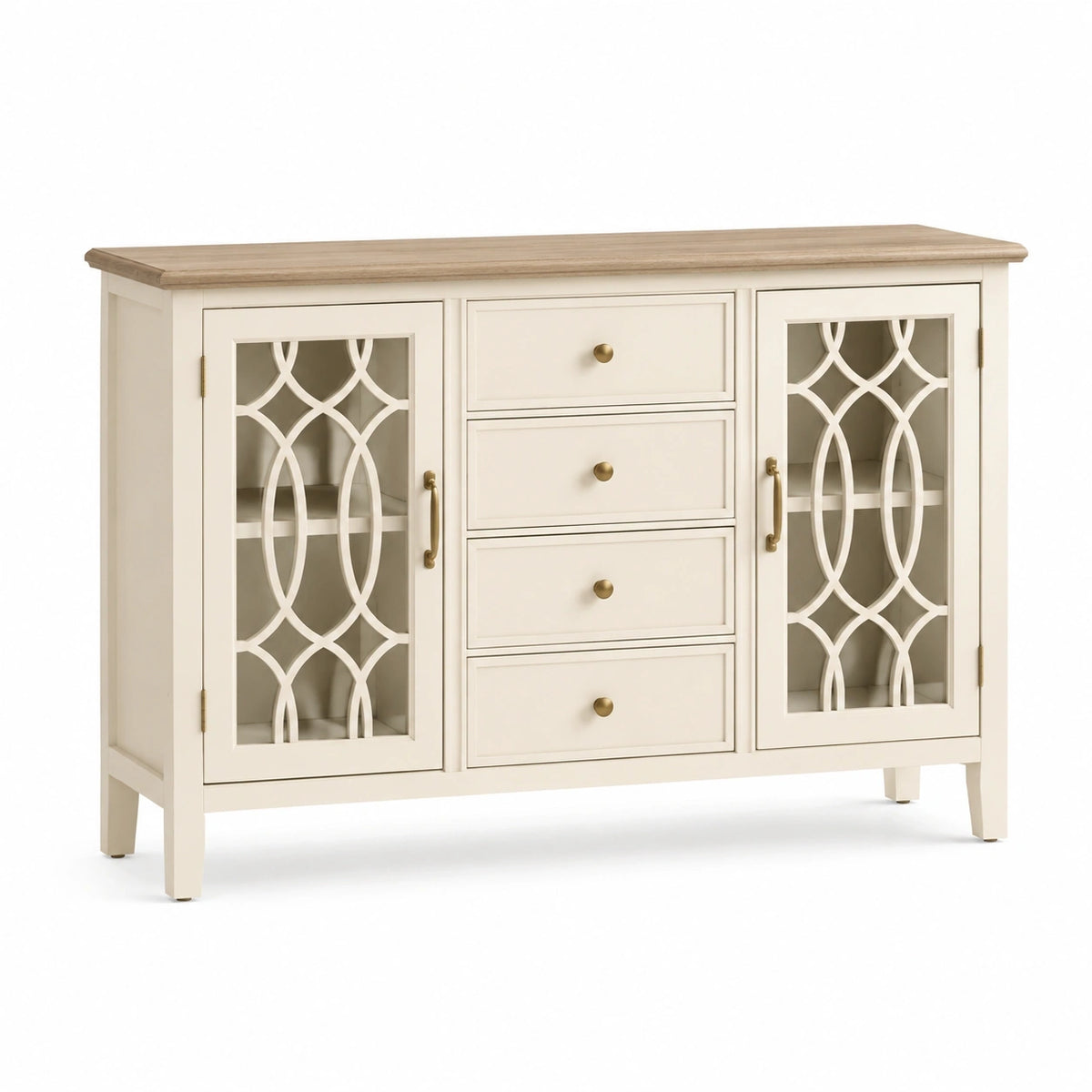 Buffet Dorqelvo en bois beige et brun clair, 140x40x85 cm, avec portes vitrées, style classique élégant.