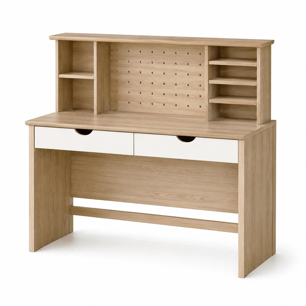Bureau en bois clair avec étagère blanche, dimensions 120x60x150 cm, design contemporain, meuble de rangement Dorqelvo