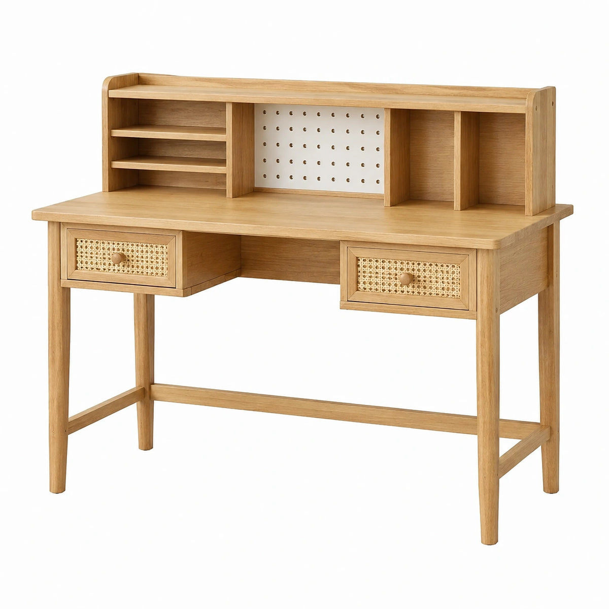 Bureau en bois naturel avec étagère, dimensions 120x60x110 cm, style rétro, rangement pratique, par Dorqelvo.