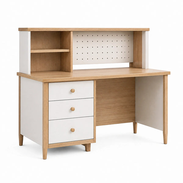 Bureau en panneaux effet bois blanc style scandinave de 120x60x150 cm avec rangement, conçu par Dorqelvo.