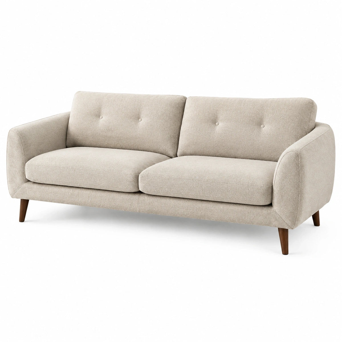 Canapé 2 places en tissu bouclette beige avec pieds en bois, style scandinave, par Dorqelvo.