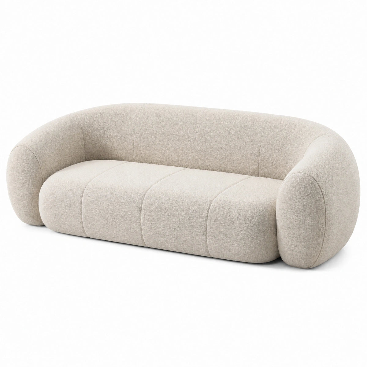 Canapé 3 places en tissu bouclette beige de style organique, dimensions 220 x 95 x 75 cm, par Dorqelvo.