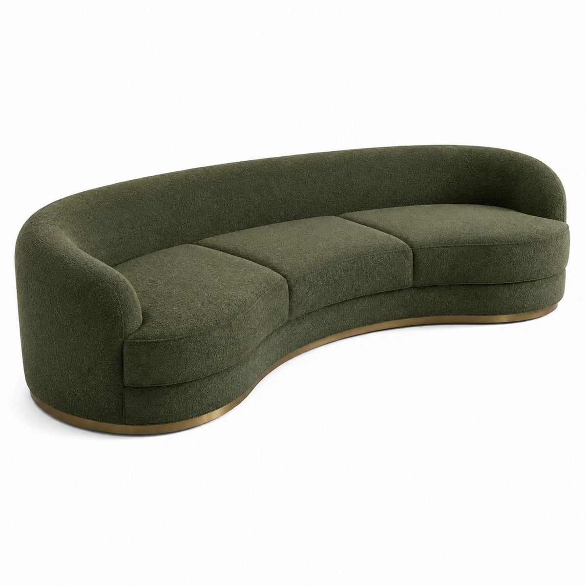 Canapé 3 places en tissu bouclé vert avec design incurvé, de la marque Dorqelvo, mesurant 240 cm.