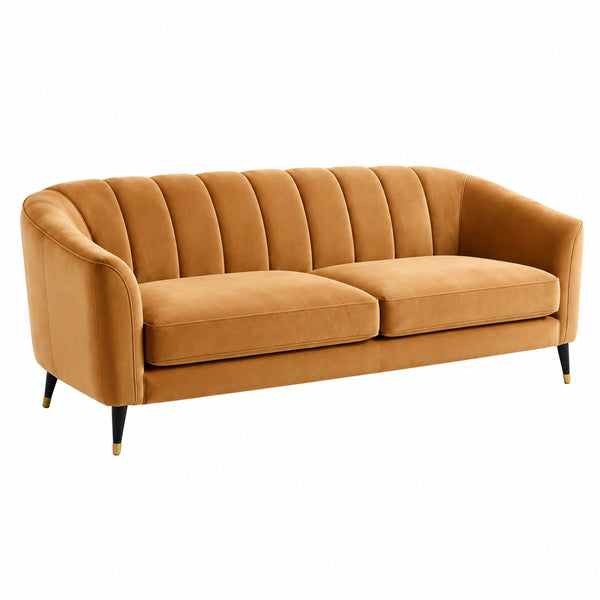 Canapé 2 places en velours caramel, style vintage, dimensions 160x84x80 cm, par Dorqelvo, assise confortable et design élégant.