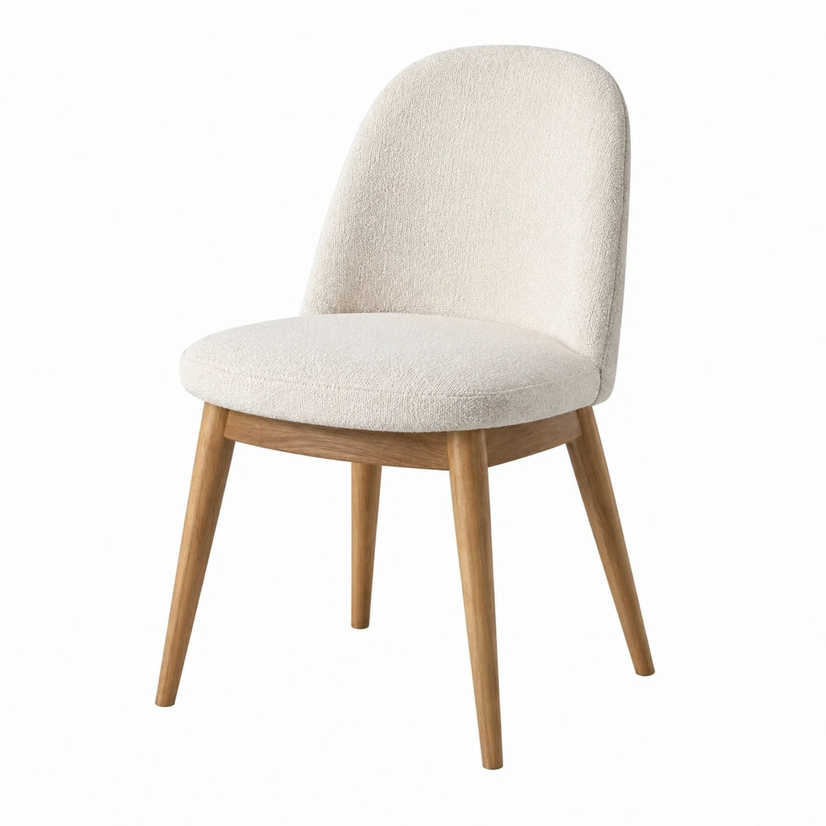 Chaise de salle à manger en tissu bouclette écru et bois, style scandinave, dimensions 48 x 55 x 82 cm, marque Dorqelvo