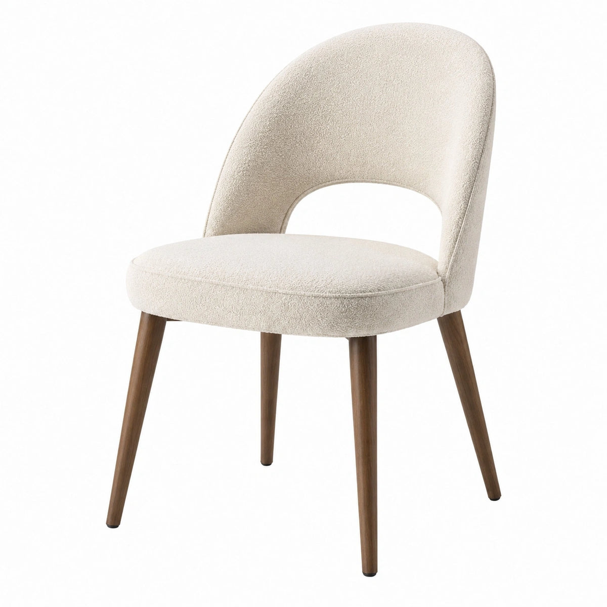 Chaise de salle à manger en tissu bouclette beige avec pieds en bois, dimensions 53x58x80 cm, modèle Dorqelvo.