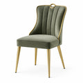 Chaise de salle à manger en velours vert olive avec pieds en métal doré, style contemporain, dimensions 58x62x95 cm.