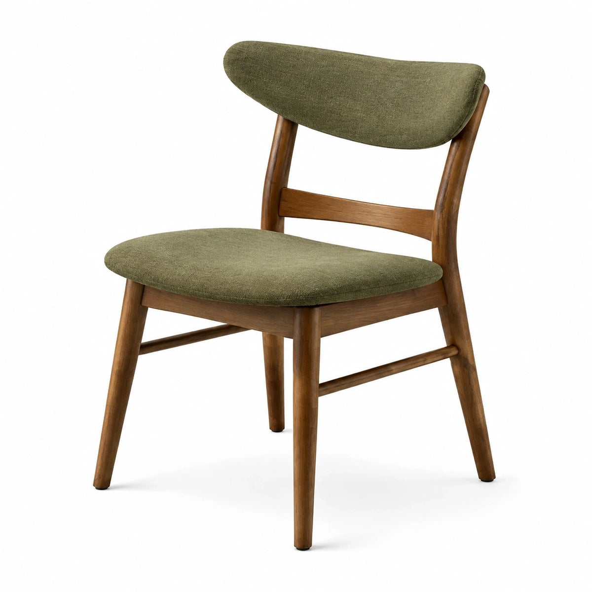 Chaise de salle à manger en bois brun et tissu vert, style rétro, dimensions 52 x 56 x 82 cm, par Dorqelvo.